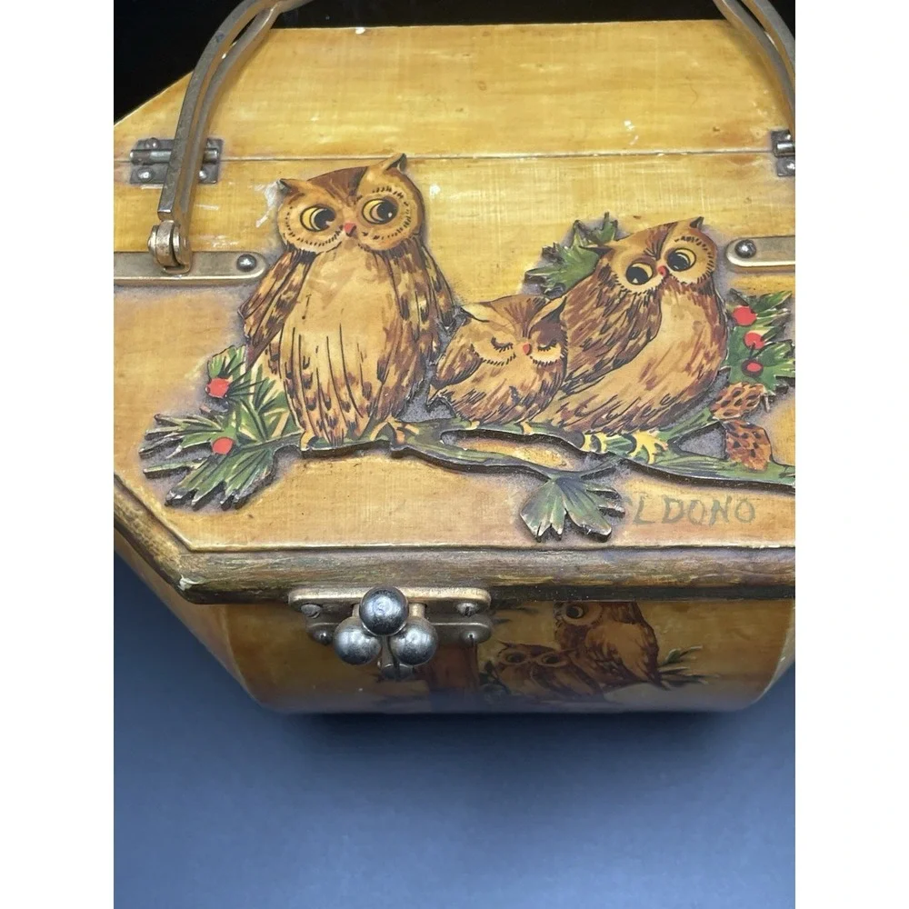 Rare Vintage 1960s-1970s Owl Wood Decoupage Purse